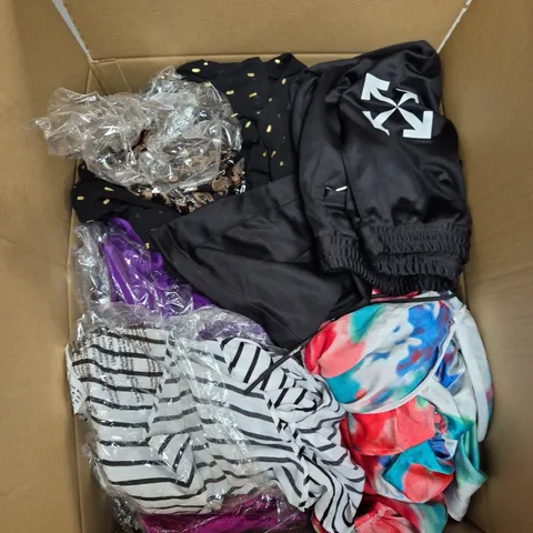 LARGE BOX OF ASSORTED CLOTHING ITEMS IN VARIOUS SIZES, STYLES AND COLOUR 