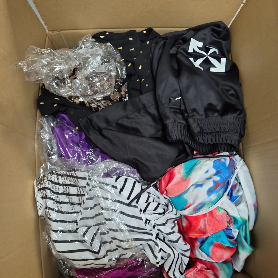 LARGE BOX OF ASSORTED CLOTHING ITEMS IN VARIOUS SIZES, STYLES AND COLOUR 