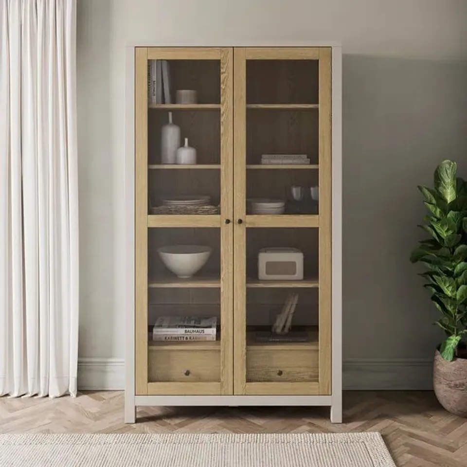 BOXED OLNEY GLAZED DISPLAY CABINET, STONE & OAK EFFECT (2 BOXES)