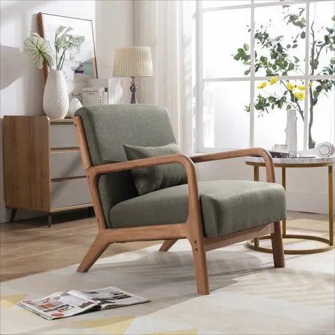 BOXED 66CM MODERN SOLID WOOD FRAME UPHOLSTERED ACCENT CHAIR WITH LUMBAR SUPPORT PILLOW