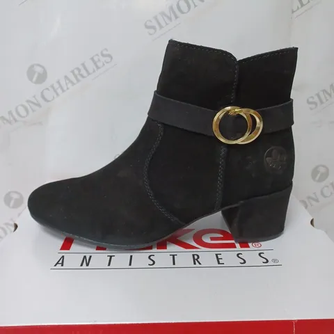 BOXED RIEKER BLOCK HEEL ANKLE BOOTS, BLACK - SIZE 5