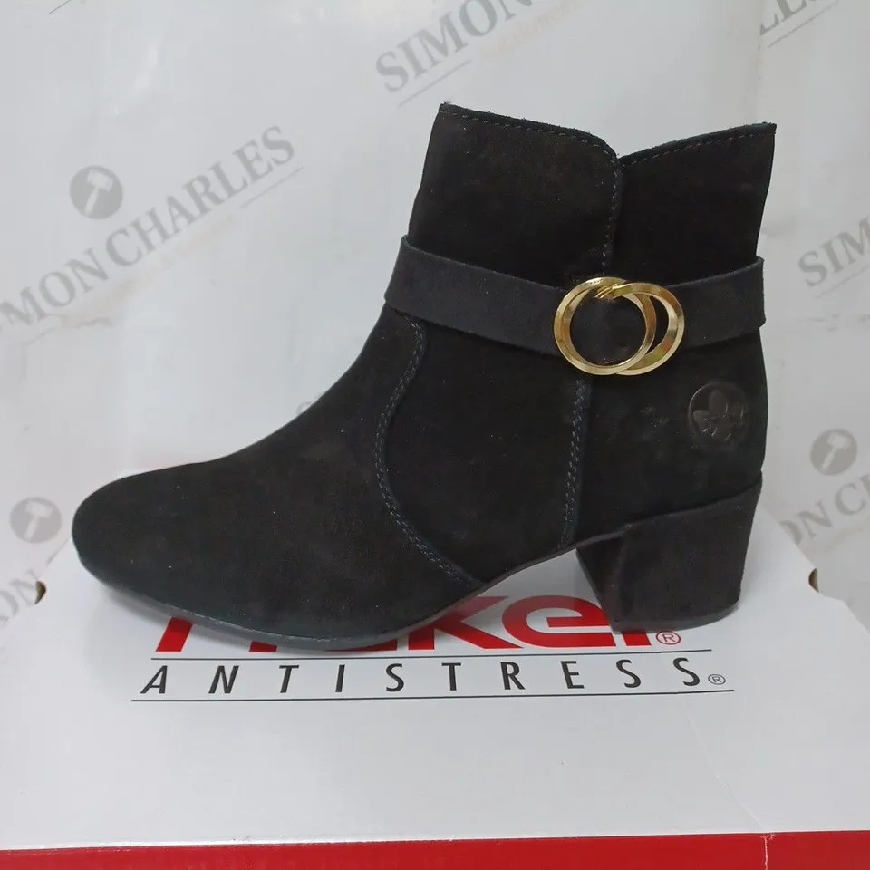 BOXED RIEKER BLOCK HEEL ANKLE BOOTS, BLACK - SIZE 5