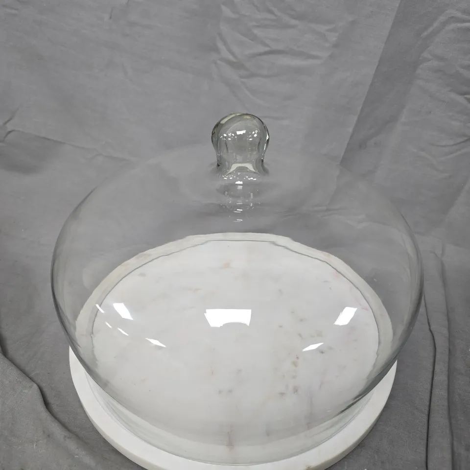 GLASS CLOCHE WITH WHITE PEDESTAL BASE