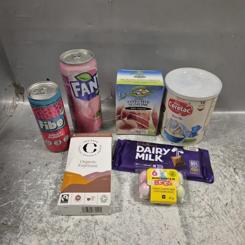 APPROXIMATELY 15 ASSORTED FOOD/DRINK PRODUCTS TO INCLUDE DAIRY MILK, FANTA, HERBAL TEA ETC 