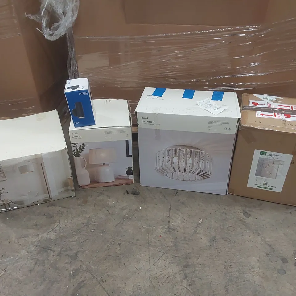 PALLET TO CONTAIN A VERY LARGE QUANTITY OF DESIGNER INDOOR LIGHTING PRODUCTS TO INCLUDE: CEILING LIGHTS, TABLE LAMP, FLOOR LAMP ECT