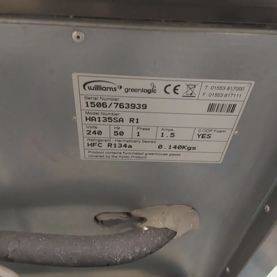 WILLIAMS AMBER HA135-SA R1 135 LTR UNDERCOUNTER SINGLE DOOR STAINLESS STEEL COMMERCIAL DISPLAY FRIDGE