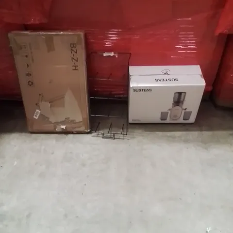 PALLET OF ASSORTED HOUSEHOLD GOODS AND PRODUCTS TO INCLUDE;STANDING DESK,COLD PRESS JUICER,STORAGE RACK