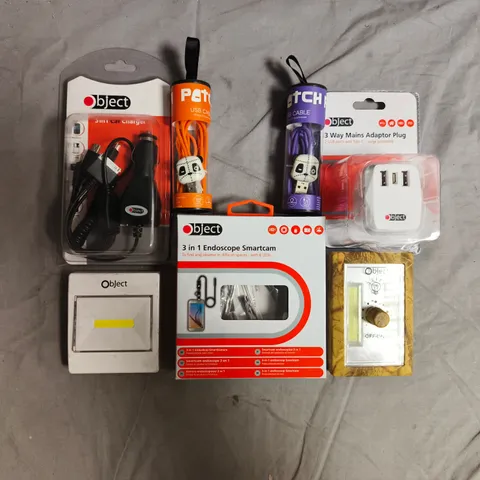 BOX OF APPROXIMATELY 50 ASSORTED HOUSEHOLD ITEMS TO INCLUDE PATCH PANDA USB CABLE, 3-WAY MAINS ADAPTER PLUG, 5-IN-1 CAR CHARGER, ETC