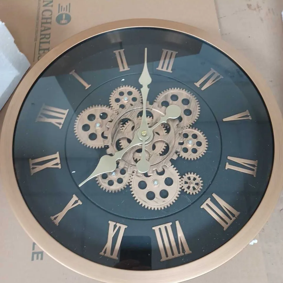 LARGE VINTAGE TURNING GEARS WALL CLOCK WITH LARGE ROMAN NUMERALS