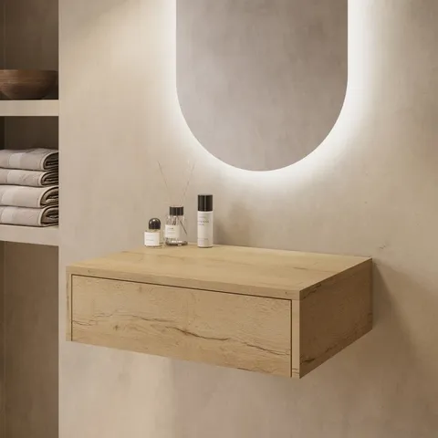 BOXED 600MM OAK WOOD EFFECT WALL HUNG COUNTERTOP VANITY UNIT - LUGO