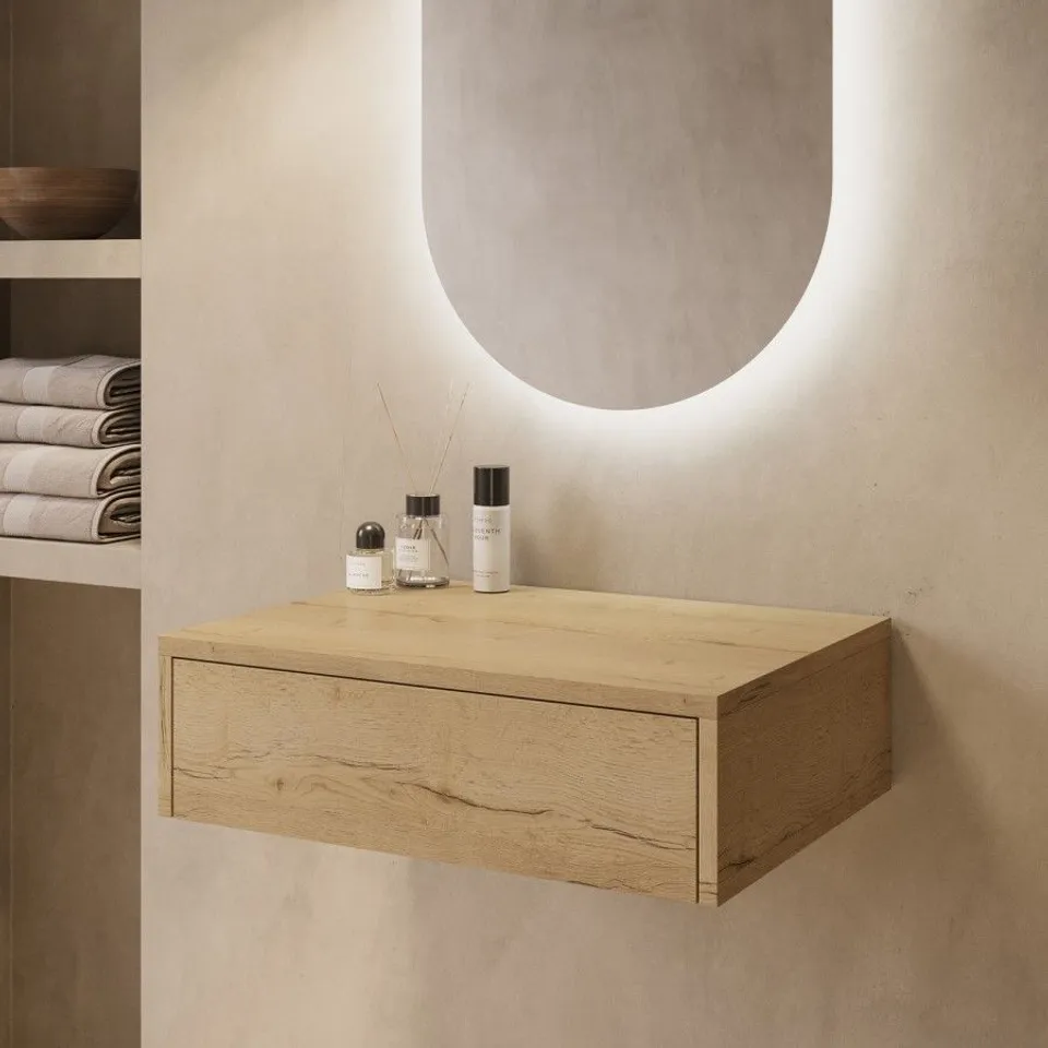 BOXED 600MM OAK WOOD EFFECT WALL HUNG COUNTERTOP VANITY UNIT - LUGO