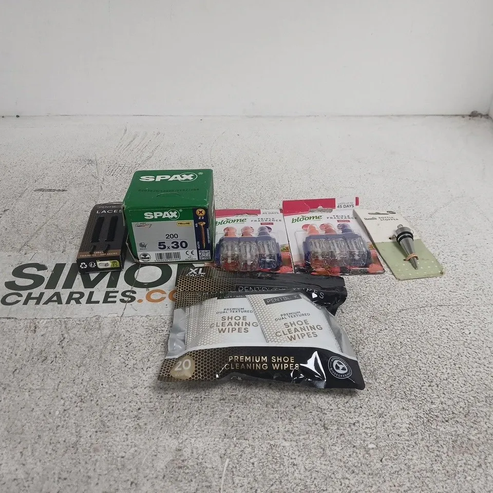 TOTE OF APPROXIMATELY 25 ASSORTED ITEMS TO INCLUDE BLOOME FRAGRANCE REFILLS, DUNELM BOTTLE STOPPER, SHOE CLEANING WIPES, SPAX SCREWS ETC