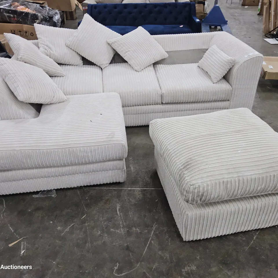 DESIGNER CHA8SE SOFA WITH SCATTER CUSHIONS & FOOTSTOOL NATURAL JUMBO CHORD