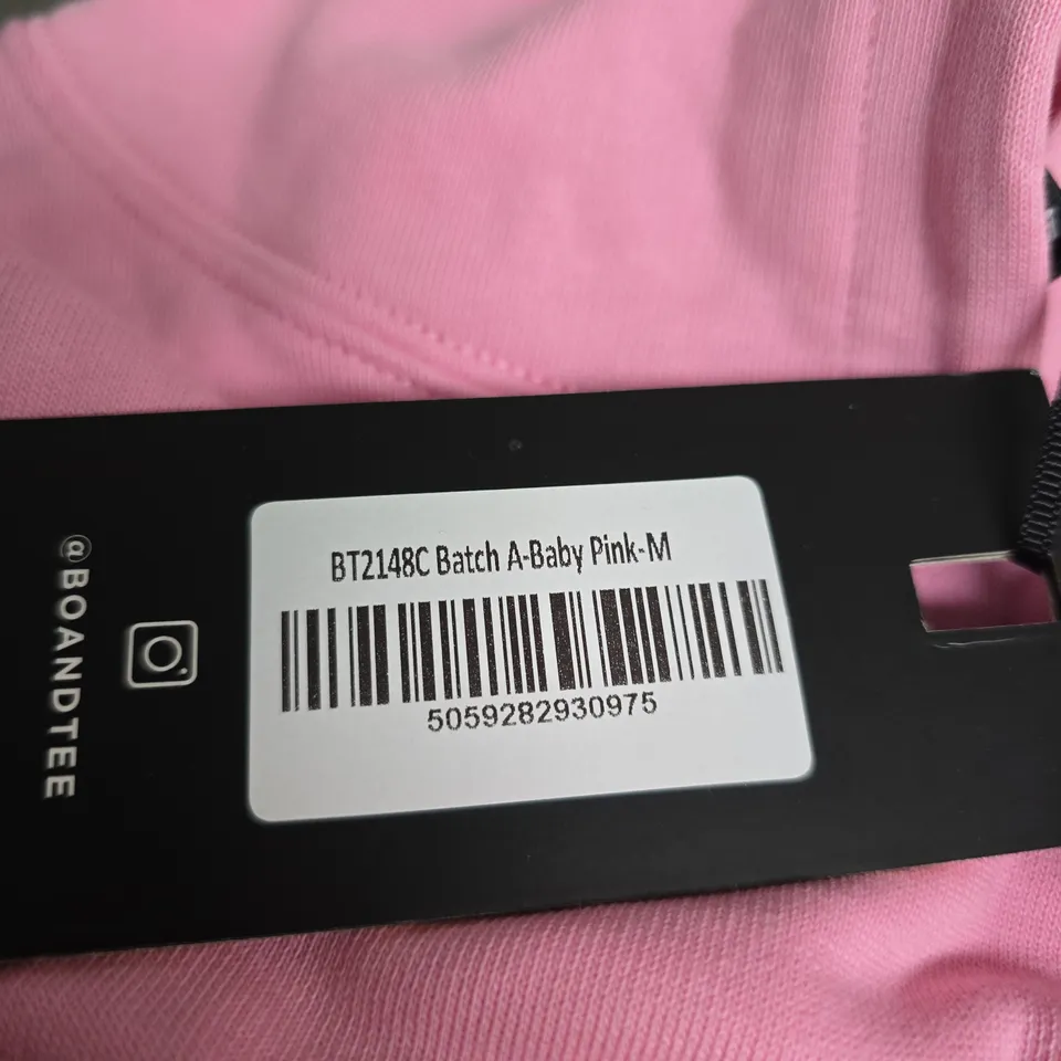 PINK HOODIE WITH WHITE LETTERING – SIZE M (BABY PINK) BOO+TEE