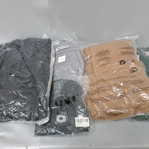 LARGE BOX OF ASSORTED CLOTHING ITEMS IN VARIOUS COLOURS AND SIZES INCLUDING TROUSERS , TOPS AND JUMPERS 