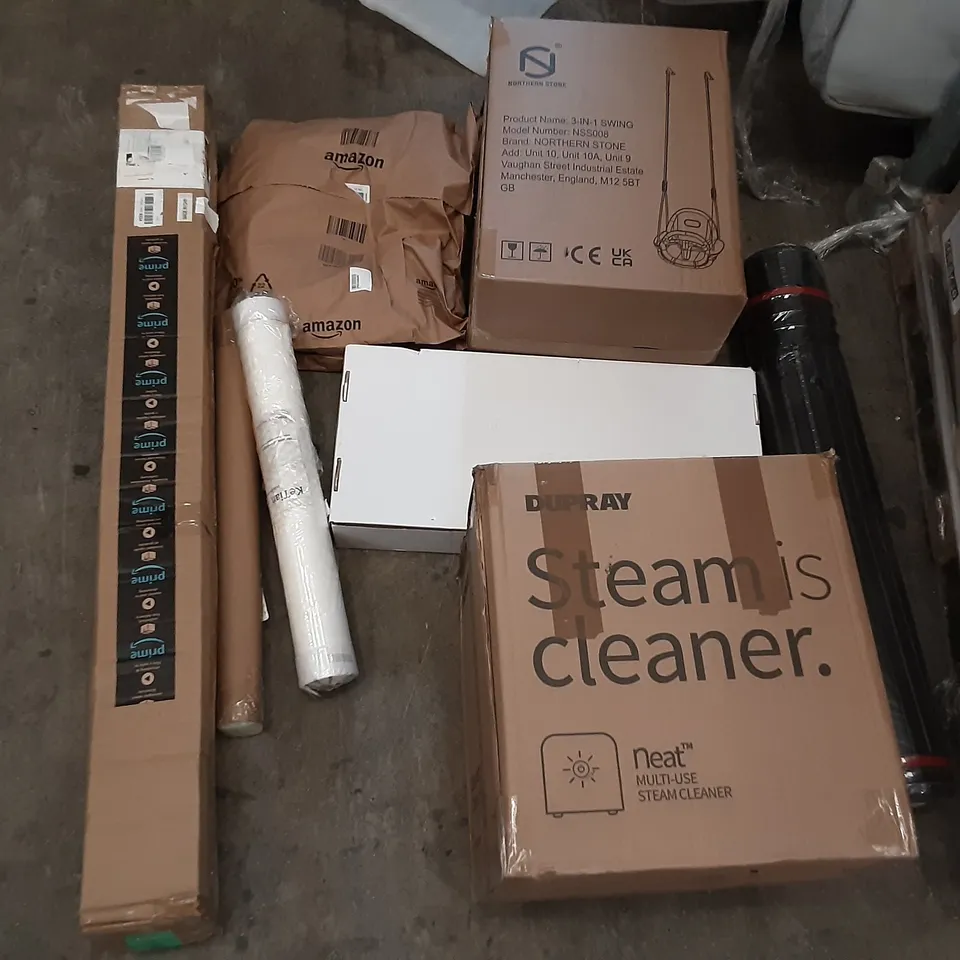 PALLET OF ASSORTED PRODUCTS INCLUDING DUPRAY MULTIUSE STEAM CLEANER, NORTHERN STONE 3-IN-1 SWING, KETIAN WALLPAPER,STAINLESS STEEL CURTAIN RAIL, ACCSTORE FABRIC WARDROBE, SCELTO GARDEN PARASOL