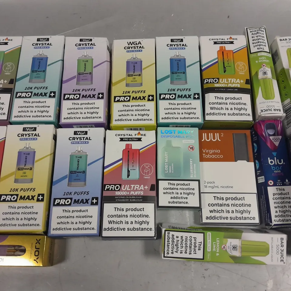 LOT OF APPROXIMATELY 30 ASSORTED E-CIGS TO INCLUDE WGA CRYSTAL PRO MAX+
