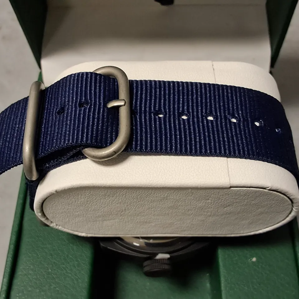 FRANK SCHMIDT STAINLESS STEEL WATCH WITH BLACK BODY AND BLUE FABRIC STRAP