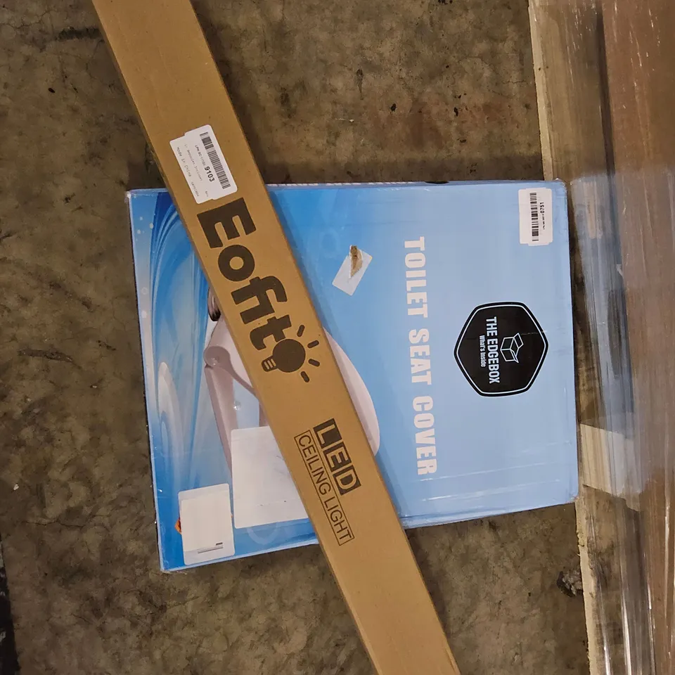 PALLET OF ASSORTED ITEMS TO INCLUDE, BOXED FURNITURE, TOILET SEAT, LED CEILING LIGHT.