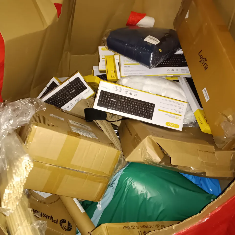 PALLET OF ASSORTED ITEMS TO INCLUDE BUSINESS KEYBOARDS, FAN LIGHT AND MOBILITY TOILET RISER