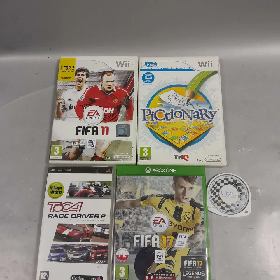 10 X ASSORTED VIDEOS GAMES TO INCLUDE TOCA RACE DRIVER 2, FIFA 17, PICTIONARY ETC 