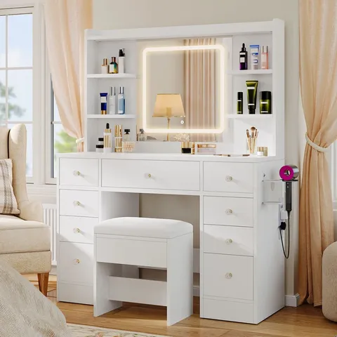 BOXED 9-DRAWER DRESSING TABLE WITH ADJUSTABLE LED LIGHTING AND SOCKETS