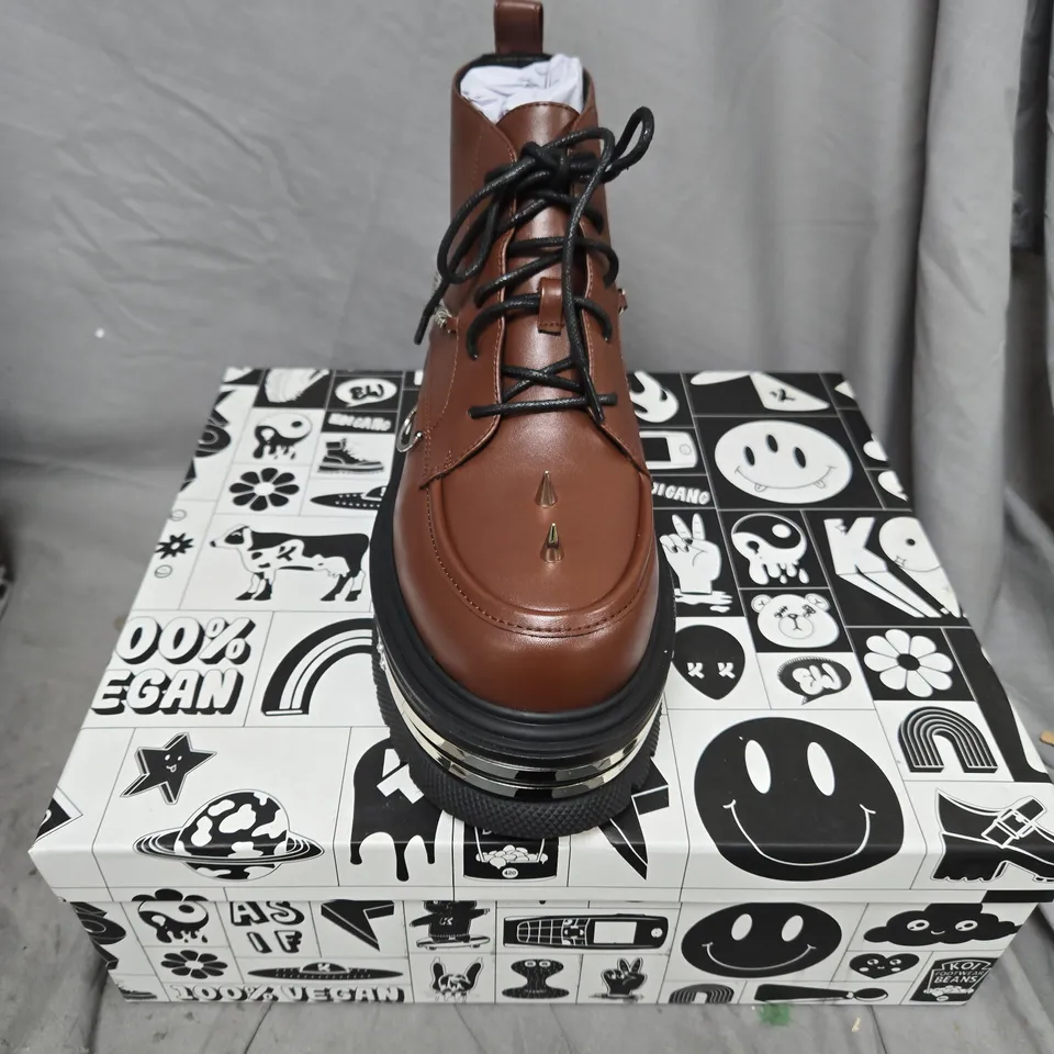 BOXED PAIR OF KOI THE SILENCE PLATFORM GRUNGE BOOTS IN BROWN - UK 8