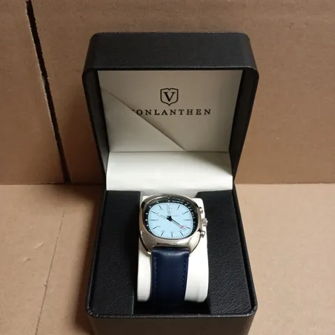 BOXED VONLANTHEN STAINLESS STEEL CHRONOGRAPH WATCH WITH LIGHT BLUE DIAL AND BLUE LEATHER STRAP