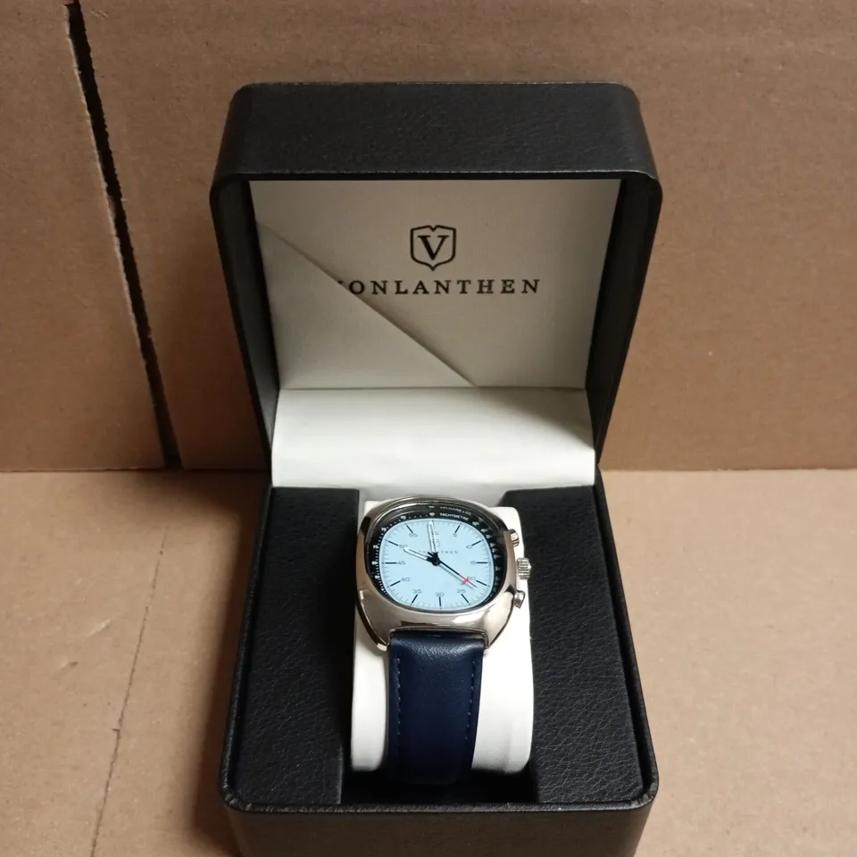 BOXED VONLANTHEN STAINLESS STEEL CHRONOGRAPH WATCH WITH LIGHT BLUE DIAL AND BLUE LEATHER STRAP