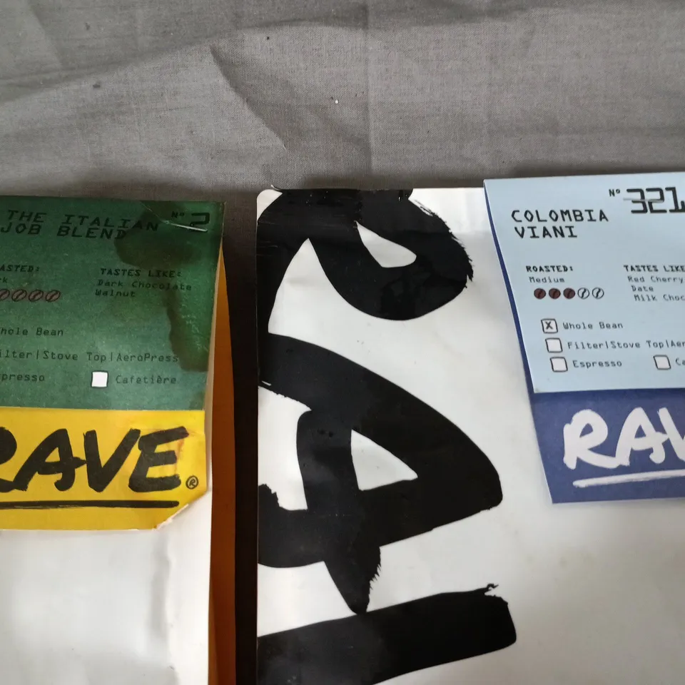 LOT OF 8 ASSORTED PACKS OF COFFEE TO INCLUDE GRIND, RAVE AND JERICHO