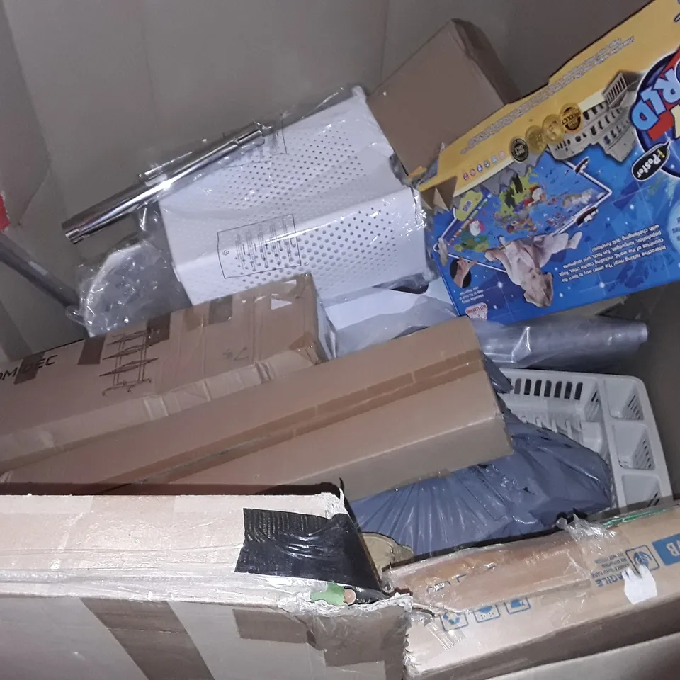 UNPROCESSED PALLET OF ASSORTED ITEMS TO INCLUDE ROLLED MATTRESS TOPPER, EXERCISE TRAMPOLINE AND STORAGE RACK