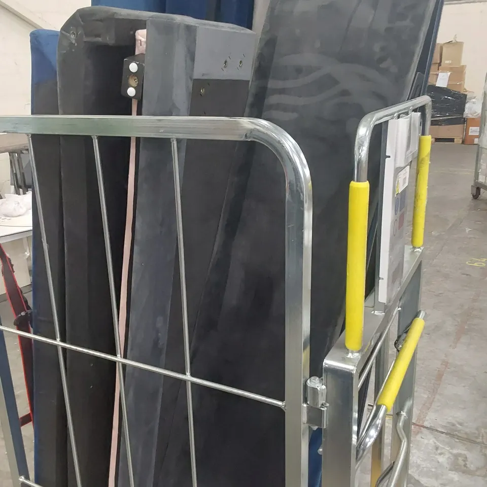CAGE OF ASSORTED UPHOLSTERED BED FRAME PARTS