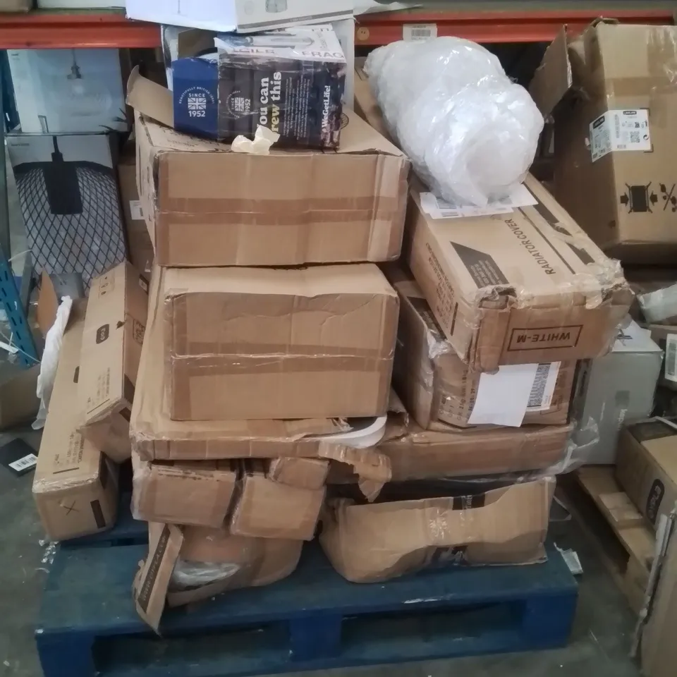 PALLET OF ASSORTED HOUSEHOLD GOODS AND PRODUCTS TO INCLUDE;AIR FRYER,KETTLE,FAN,RADIATOR COVER