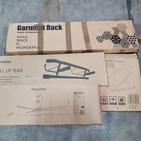PALLET OF ASSORTED PRODUCTS INCLUDING GARMENT RACK, PULL UP BAR, CEILING FAN, TOILET SEAT