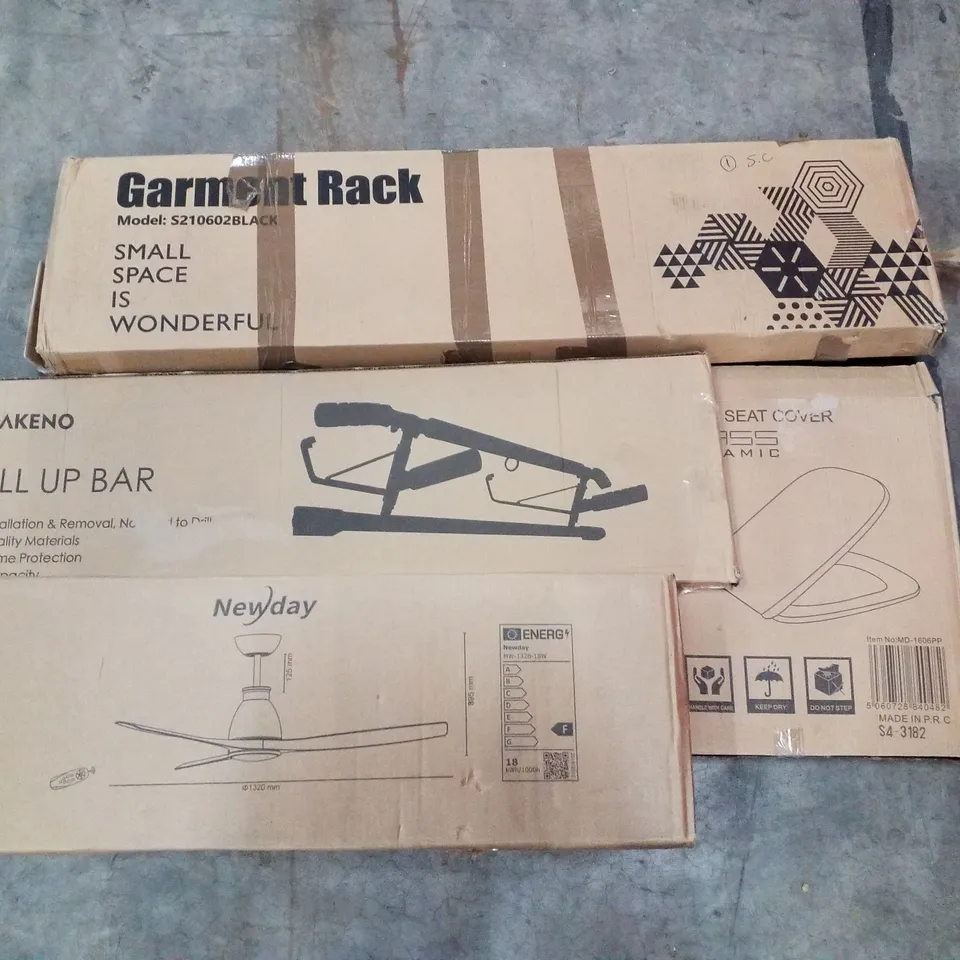 PALLET OF ASSORTED PRODUCTS INCLUDING GARMENT RACK, PULL UP BAR, CEILING FAN, TOILET SEAT