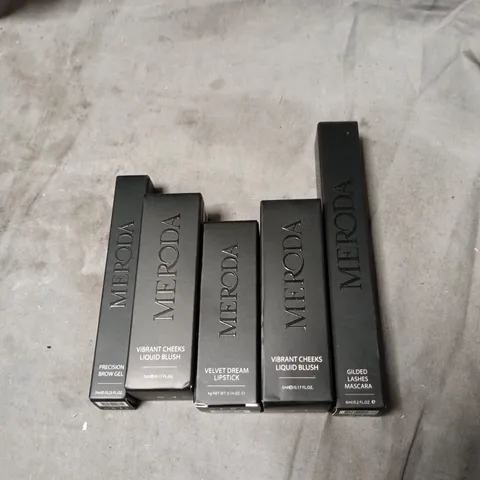 5 X MERODA COSMETIC ITEMS TO INCLUDE GILDED LASHES MASCARA, LIQUID BLUSH, DREAM LIPSTICK ETC