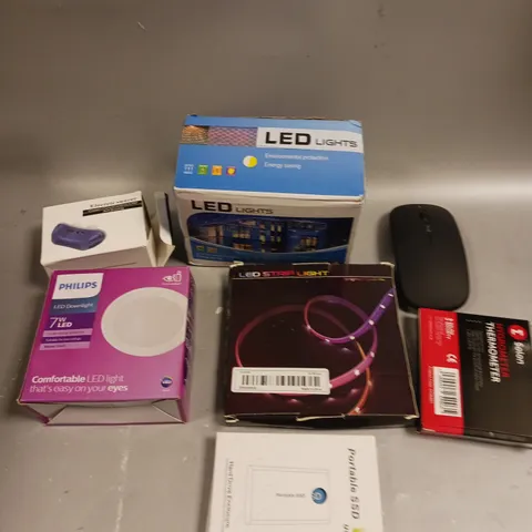 APPROXIMATELY 15 ASSORTED ELECTRICAL PRODUCTS TO INCLUDE LED LIGHT STRIP, WIRELESS MOUSE, PHILIPS LED DOWNLIGHT ETC 