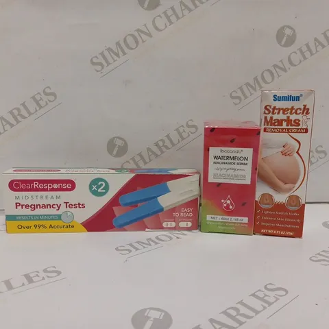 APPROXIMATELY 20 ASSORTED HEALTH AND BEAUTY PRODUCTS TO INCLUDE CLEAR RESPONSE PREGNANCY TESTS, SUMIFUN STRETCH MARKS REMOVAL CREAM, WATERMELON NIACINAMIDE SERUM