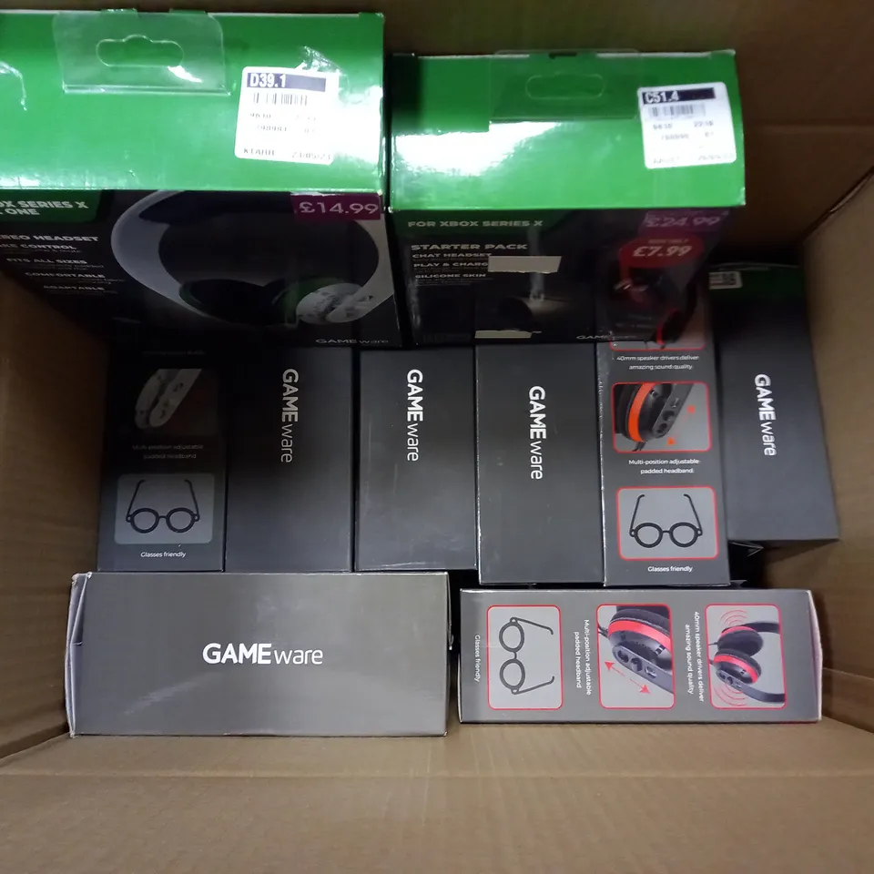 APPROXIMATELY 10 ASSORTED BOXED GAME WARE HEADSETS TO INCLUDE CHAT & STEREO HEADSET, ETC