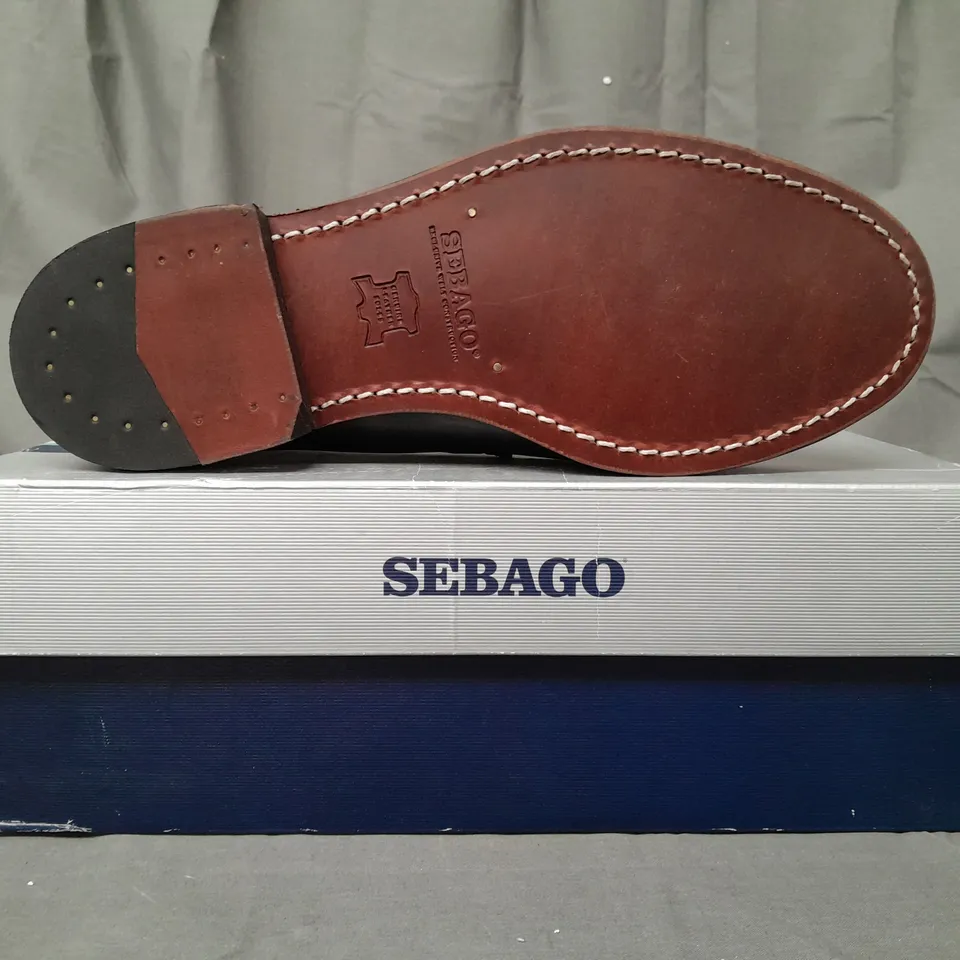 BOXED PAIR OF SEBAGO LOAFERS IN BLACK UK SIZE 8.5