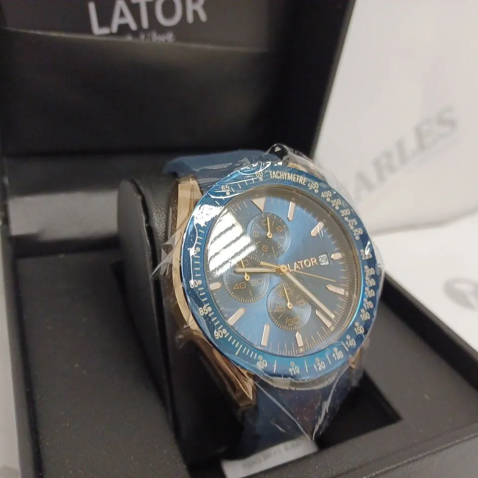 LATOR CALIBRE L2842 MENS CHRONOGRAPH WATCH - STAINLESS STEEL CASE - RUBBER STRAP - DISPLAY BOX 