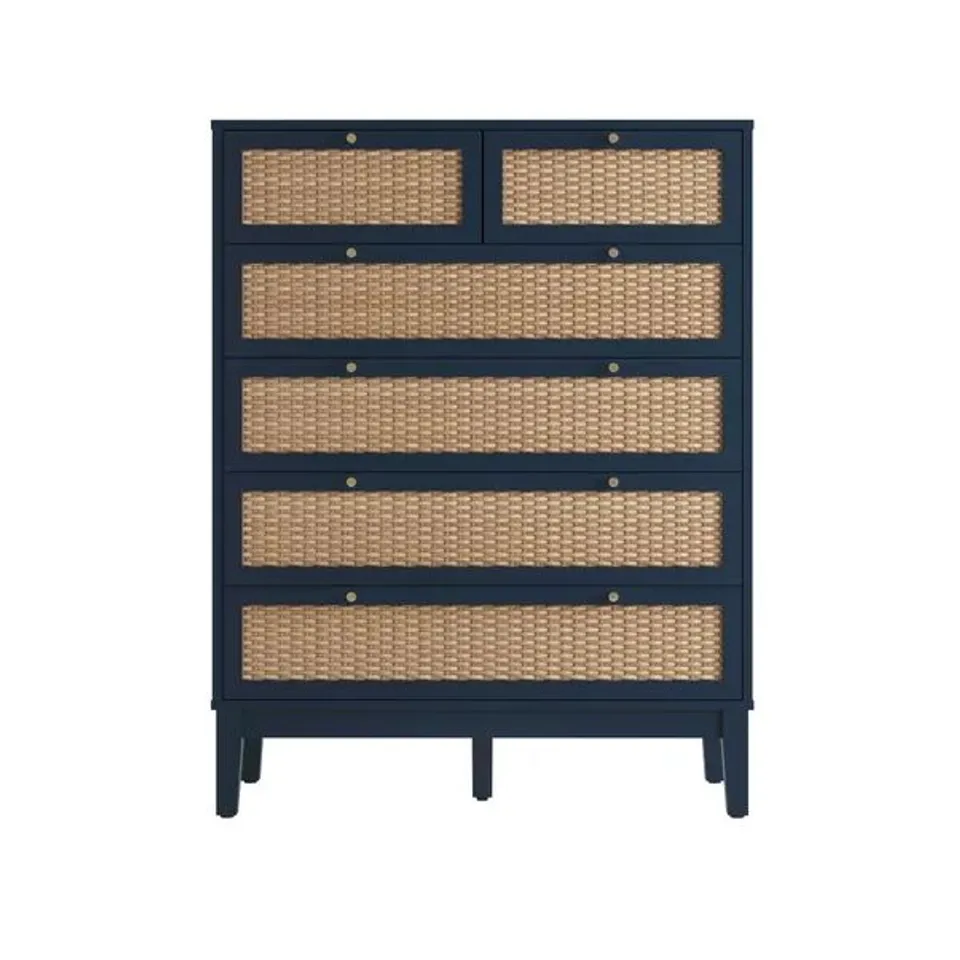 BOXED BORDEAUX 6 DRAWER BLUE RATTAN CHEST OF DRAWERS (1 BOX)
