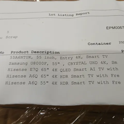 PALLET OF APPROXIMATELY FIVE DAMAGED TVS TO INCLUDE: