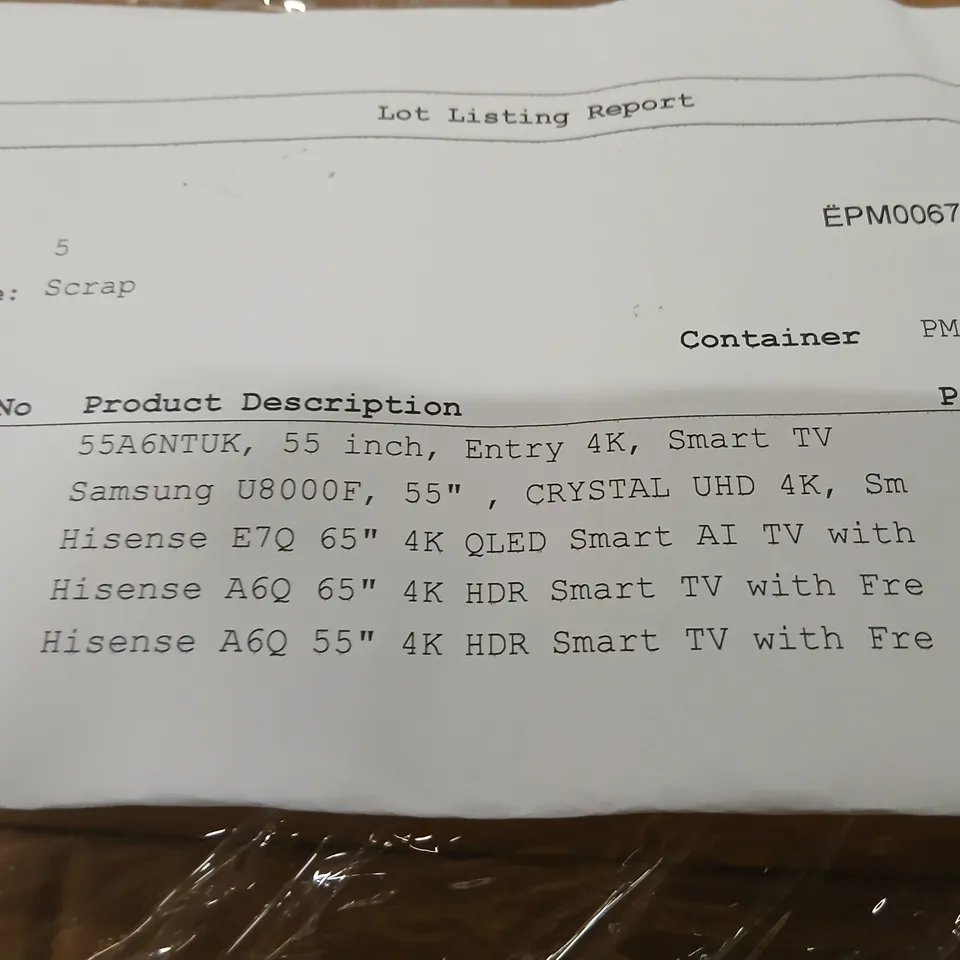 PALLET OF APPROXIMATELY FIVE DAMAGED TVS TO INCLUDE: