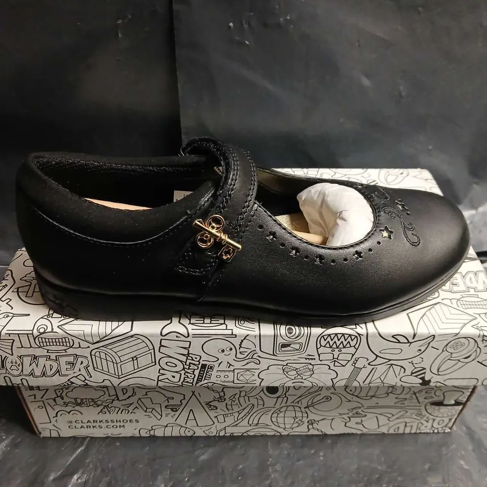 BOXED PAIR OF CLARKS KIDS' BLACK MARY JANE SHOES WITH STAR & MOON EMBROIDERY – UK SIZE 1.5