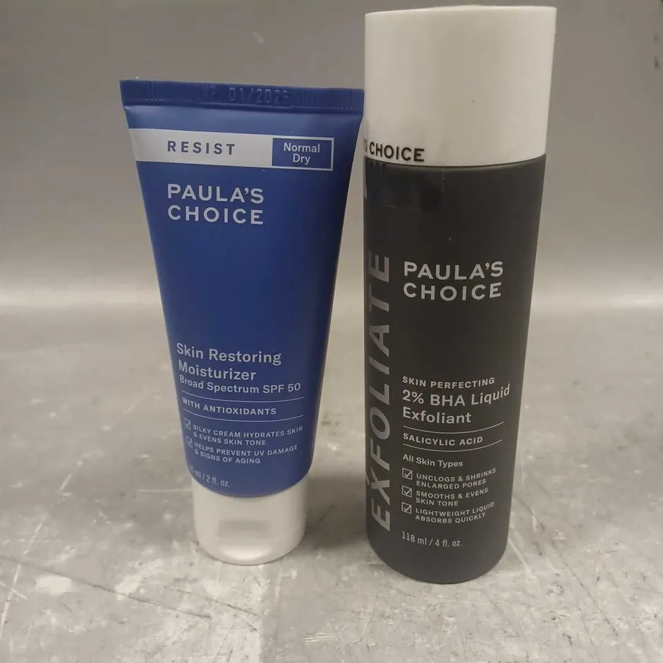 PAULA'S CHOICE LOT OF 2 ASSORTED SKINCARE PRODUCTS TO INCLUDE - 2% BHA LIQUID EXFOLIANT - SKIN RESTORING MOISTURISER