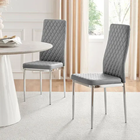 BOXED MILAN GREY CHROME HATCHED FAUX LEATHER DINING CHAIRS (SET OF 4) (1 BOX)