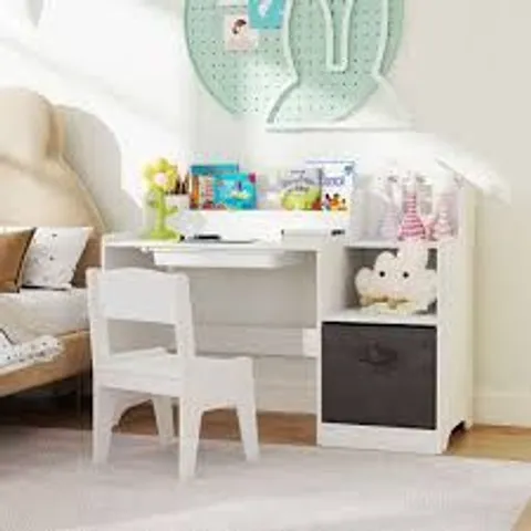 BOXED COSTWAY KIDS STUDY DESK AND CHAIR SET CHILDREN STUDY TABLE WITH OPEN SHELVES - WHITE