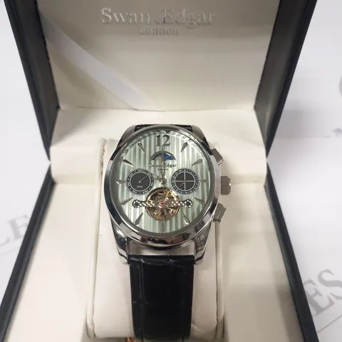 BOXED SWAN & EDGAR BLACK LEATHER WRIST WATCH