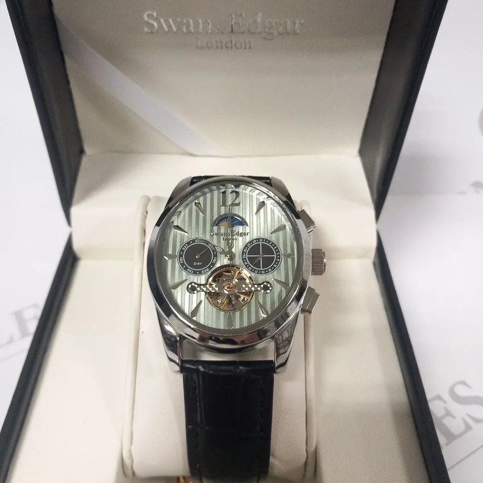 BOXED SWAN & EDGAR BLACK LEATHER WRIST WATCH 